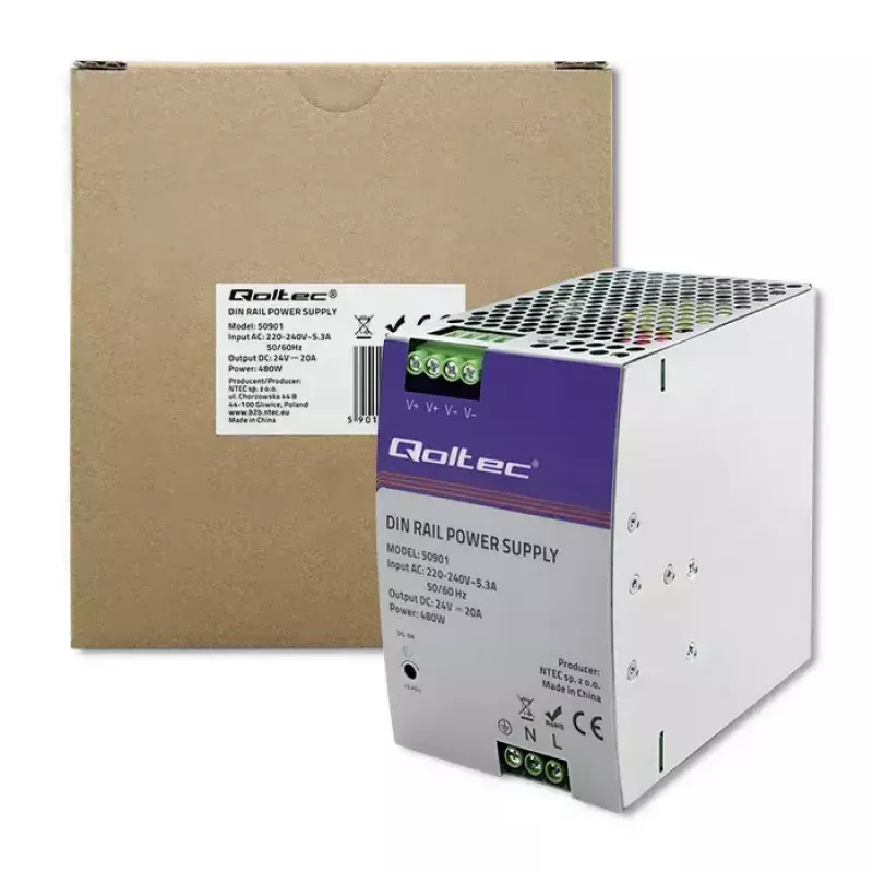 Fonte de alimentação industrial para calha DIN QOLTEC 50901 — 480W, 24V DC, 20A