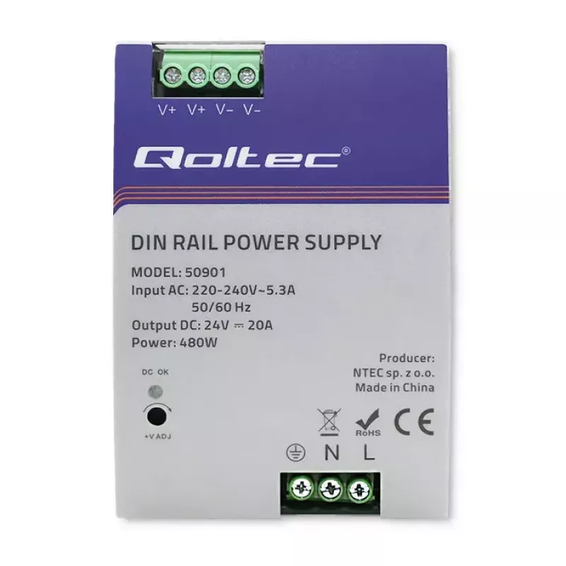 Fonte de alimentação industrial para calha DIN QOLTEC 50901 — 480W, 24V DC, 20A