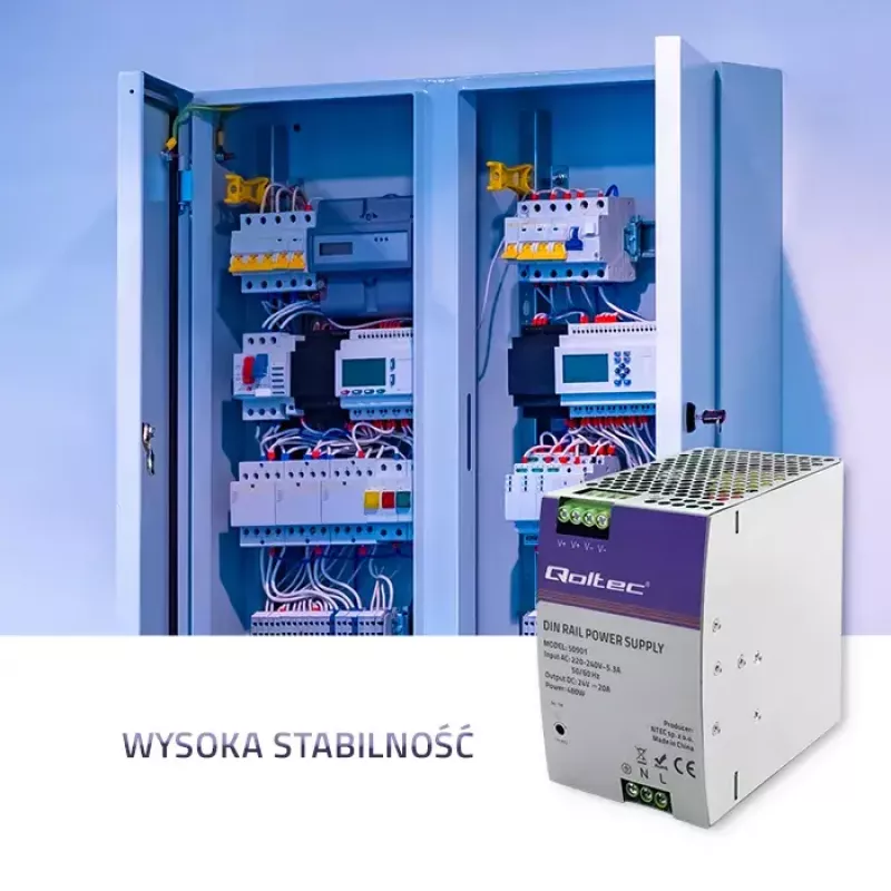 Fonte de alimentação industrial para calha DIN QOLTEC 50901 — 480W, 24V DC, 20A