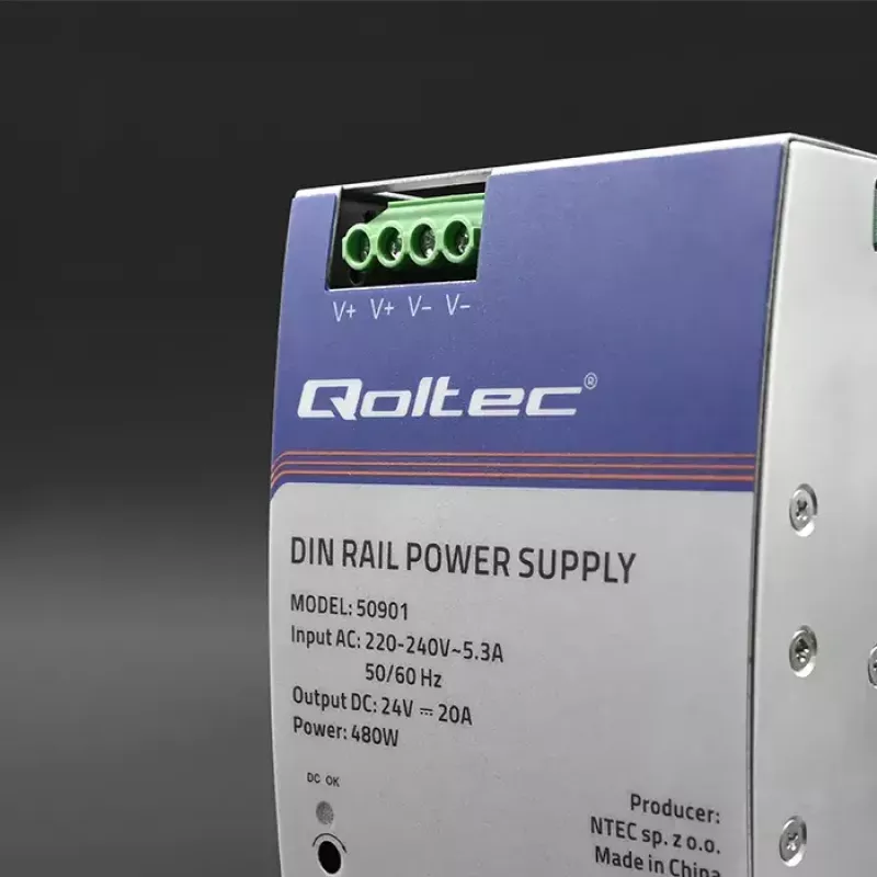 Fonte de alimentação industrial para calha DIN QOLTEC 50901 — 480W, 24V DC, 20A