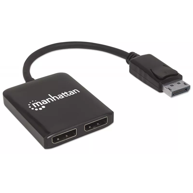 Manhattan divisor DisplayPort 1.2 com 2 portas DisplayPort 1.2 e MST, 4K@30Hz, alimentado por USB-A, função de videowall, preto, MST = Multi-Stream Transport, 3 anos de garantia