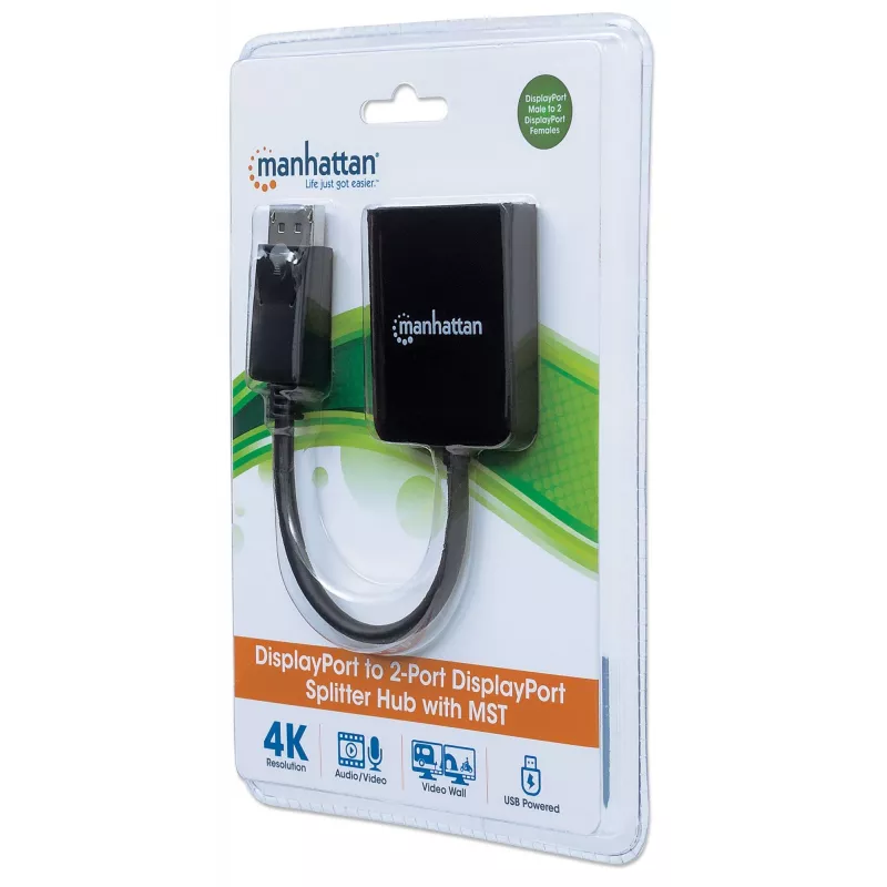 Manhattan divisor DisplayPort 1.2 com 2 portas DisplayPort 1.2 e MST, 4K@30Hz, alimentado por USB-A, função de videowall, preto, MST = Multi-Stream Transport, 3 anos de garantia