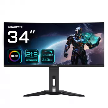 GIGABYTE MO34WQC2 34 polegadas OLED WQHD Curved Gaming Monitor - 3440 x 1440, 240Hz, 0,03ms, KVM, 250 cd/m², FreeSync Premium Pro, DisplayHDR True Black 400, HDMI 2.1, DisplayPort 1.4
