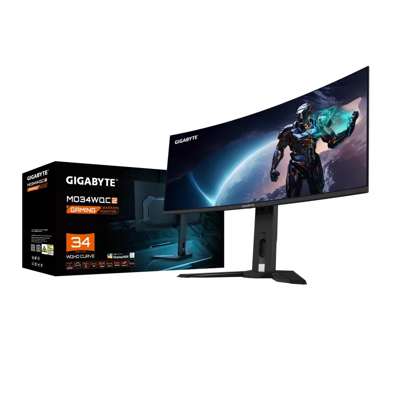 GIGABYTE MO34WQC2 34 polegadas OLED WQHD Curved Gaming Monitor - 3440 x 1440, 240Hz, 0,03ms, KVM, 250 cd/m², FreeSync Premium Pro, DisplayHDR True Black 400, HDMI 2.1, DisplayPort 1.4