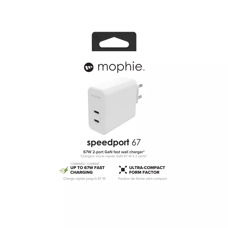 Adaptador de parede mophie USB-C-PD-DUAL-67W-GAN branco EU (2xUSBC)