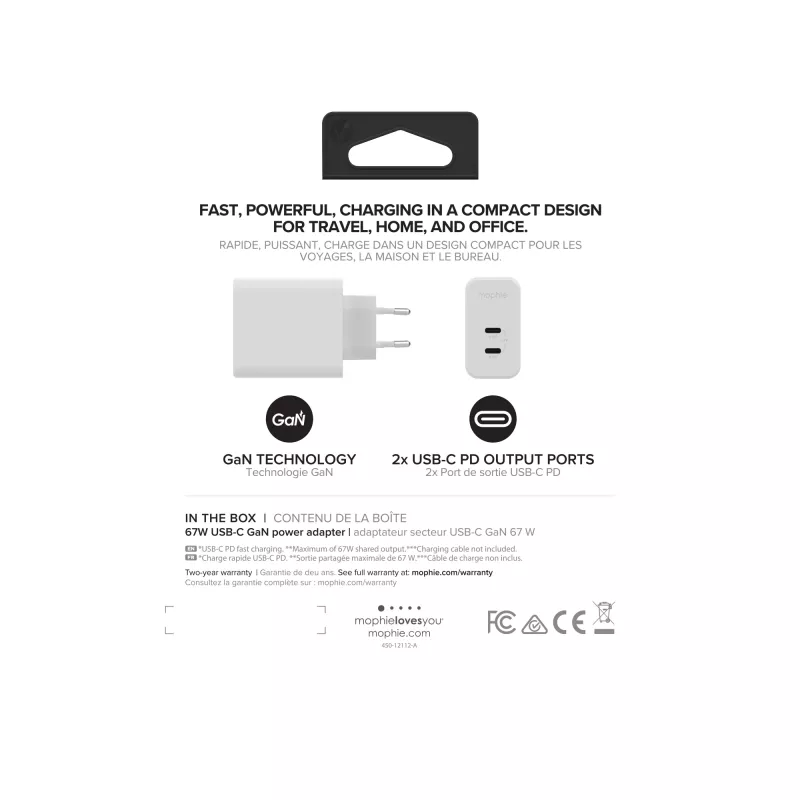 Adaptador de parede mophie USB-C-PD-DUAL-67W-GAN branco EU (2xUSBC)