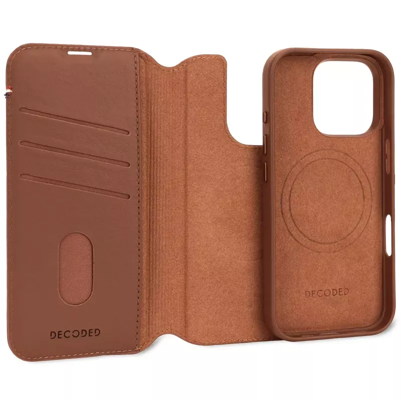 Decoded capa para telemóvel com carteira de couro removível para iPhone 16 Pro – castanha, couro genuíno, microfibra, ecrã de 6,3 polegadas, 3 compartimentos para cartões