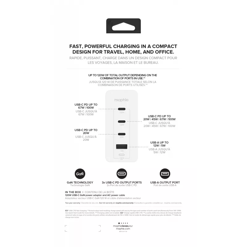 mophie adaptador de parede acessórios USB-C-PD-HUB-120W-GAN-branco-EU (3xUSBC + 1xUSBA)