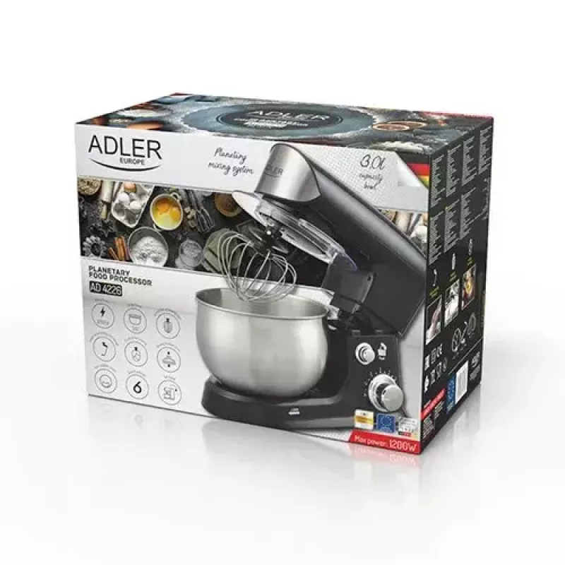 Robot de cozinha Adler AD 4226b — 700 W (máx. 1200 W), tigela de aço inoxidável 3 L, 6 velocidades, movimento planetário