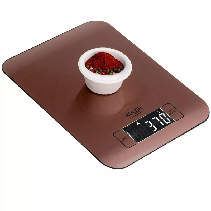 Balança de cozinha eletrónica Adler AD 3183 — capacidade 5 kg, precisão 1 g, superfície de pesagem em aço inoxidável, cor cobre