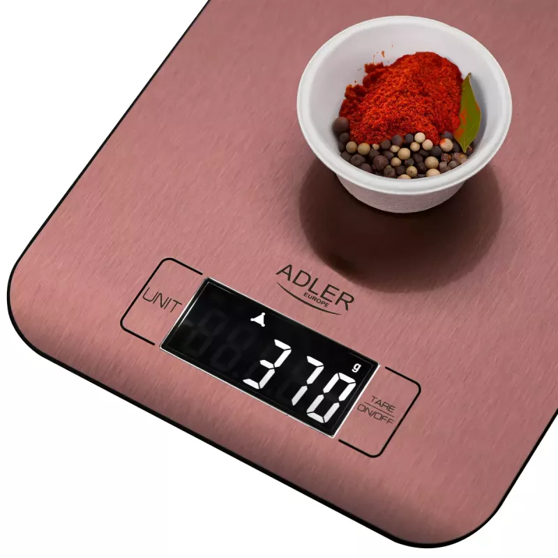 Balança de cozinha eletrónica Adler AD 3183 — capacidade 5 kg, precisão 1 g, superfície de pesagem em aço inoxidável, cor cobre