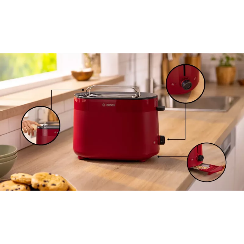 Torradeira Bosch TAT2M124 — 2 fatias 950 W, vermelho, centragem do pão, descongelação, lift