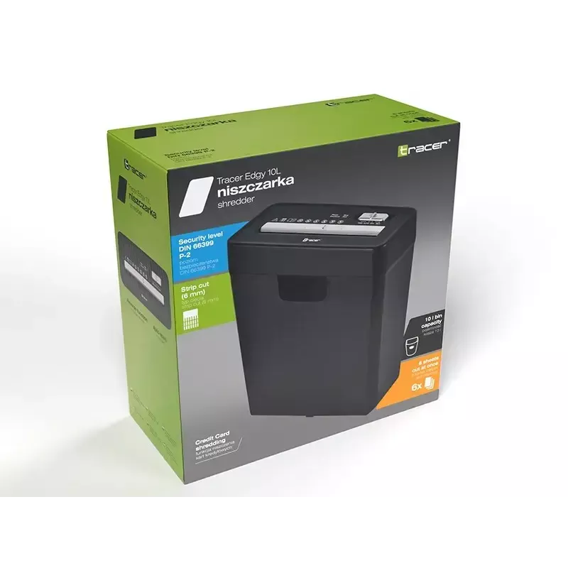 Destruidora de documentos TRACER Edge10L corte cruzado, capacidade de 10 folhas, corte de 6 mm, depósito de 10 L, preta