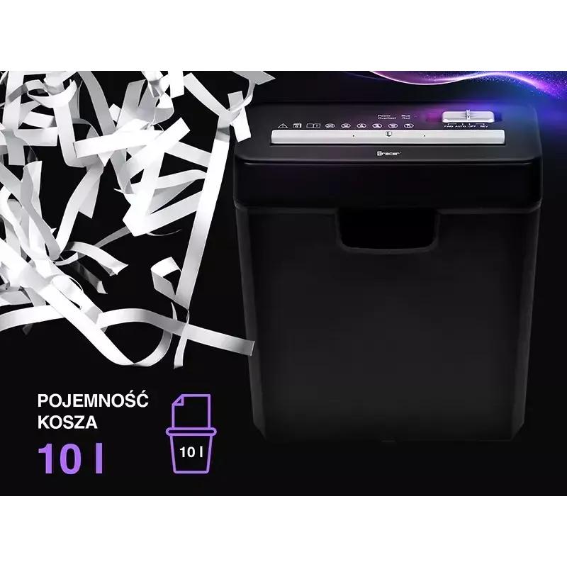 Destruidora de documentos TRACER Edge10L corte cruzado, capacidade de 10 folhas, corte de 6 mm, depósito de 10 L, preta