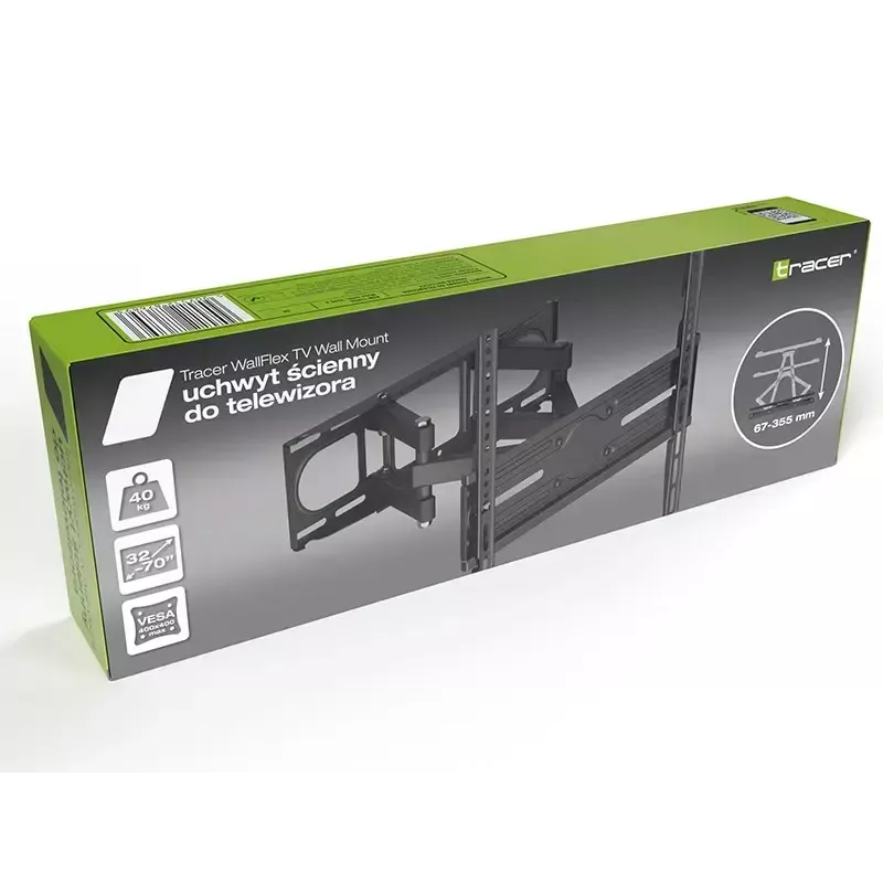 Tracer WallFlex TRAUCH47656 suporte de parede para TV com braço, 32–70 polegadas, VESA 100x100–400x400, máx. 40 kg, inclinação -3°/+7°, rotação ±60°, preto