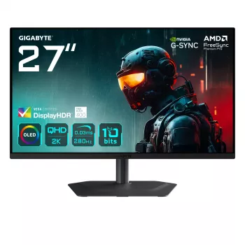 Monitor gaming GIGABYTE MO27Q2A 27 polegadas OLED 2K QHD - 2560 x 1440, 280Hz, 0,03ms, 250 cd/m², FreeSync Premium Pro, DisplayHDR True Black 400, HDMI 2.1, Displayport 1.4