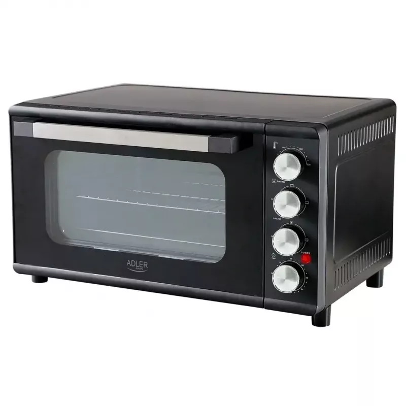 Mini-forno Adler AD 6030 — 30 L / 1500 W, temporizador mecânico, espeto rotativo, 230 °C, independente, preto