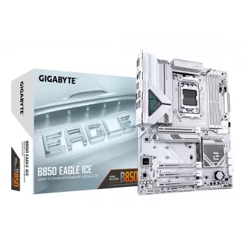 Placa-mãe GIGABYTE B850 EAGLE ICE - CPUs AMD Ryzen 9000 Series, VRM digital 8+2+2 fases, até 8200MHz DDR5 (O.C), 1xPCIe 5.0 + 2xPCIe 4.0 M.2, 2.5 GbE LAN, USB 3.2 Gen 2