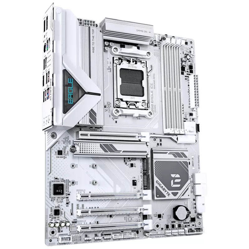 Placa-mãe GIGABYTE B850 EAGLE ICE - CPUs AMD Ryzen 9000 Series, VRM digital 8+2+2 fases, até 8200MHz DDR5 (O.C), 1xPCIe 5.0 + 2xPCIe 4.0 M.2, 2.5 GbE LAN, USB 3.2 Gen 2