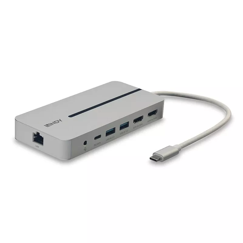Estação de acoplamento mini USB-C Lindy DST-Mx Duo para portátil/MacBook com ecrã duplo (4K) e carregamento pass-through de 100 W