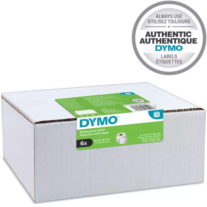 Etiquetas multiusos DYMO Authentic LabelWriter 32 mm x 57 mm 6 rolos com 1.000 etiquetas fáceis de destacar (6.000 unid.) autoadesivas para impressoras de etiquetas LabelWriter