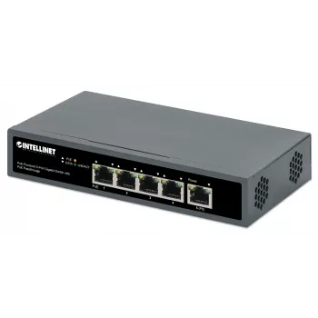 Intellinet Switch Gigabit de 5 portas com PoE Passthrough, uma porta PD PoE IEEE 802.3bt (PoE++ / 4PPoE) com consumo de 95 W, quatro portas PSE PoE, orçamento PoE até 65 W, saída compatível com IEEE 802.3at/af, desktop, opção de montagem na parede