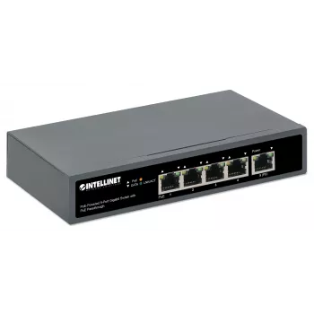 Intellinet Switch Gigabit de 5 portas com PoE Passthrough, uma porta PD PoE IEEE 802.3bt (PoE++ / 4PPoE) com consumo de 95 W, quatro portas PSE PoE, orçamento PoE até 65 W, saída compatível com IEEE 802.3at/af, desktop, opção de montagem na parede