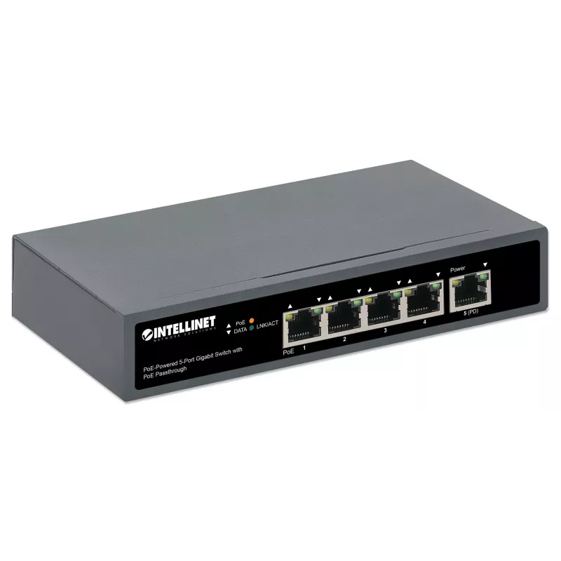 Intellinet Switch Gigabit de 5 portas com PoE Passthrough, uma porta PD PoE IEEE 802.3bt (PoE++ / 4PPoE) com consumo de 95 W, quatro portas PSE PoE, orçamento PoE até 65 W, saída compatível com IEEE 802.3at/af, desktop, opção de montagem na parede