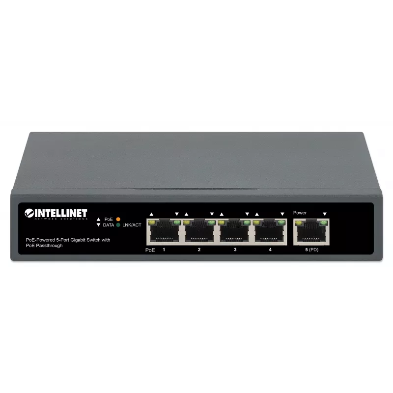 Intellinet Switch Gigabit de 5 portas com PoE Passthrough, uma porta PD PoE IEEE 802.3bt (PoE++ / 4PPoE) com consumo de 95 W, quatro portas PSE PoE, orçamento PoE até 65 W, saída compatível com IEEE 802.3at/af, desktop, opção de montagem na parede