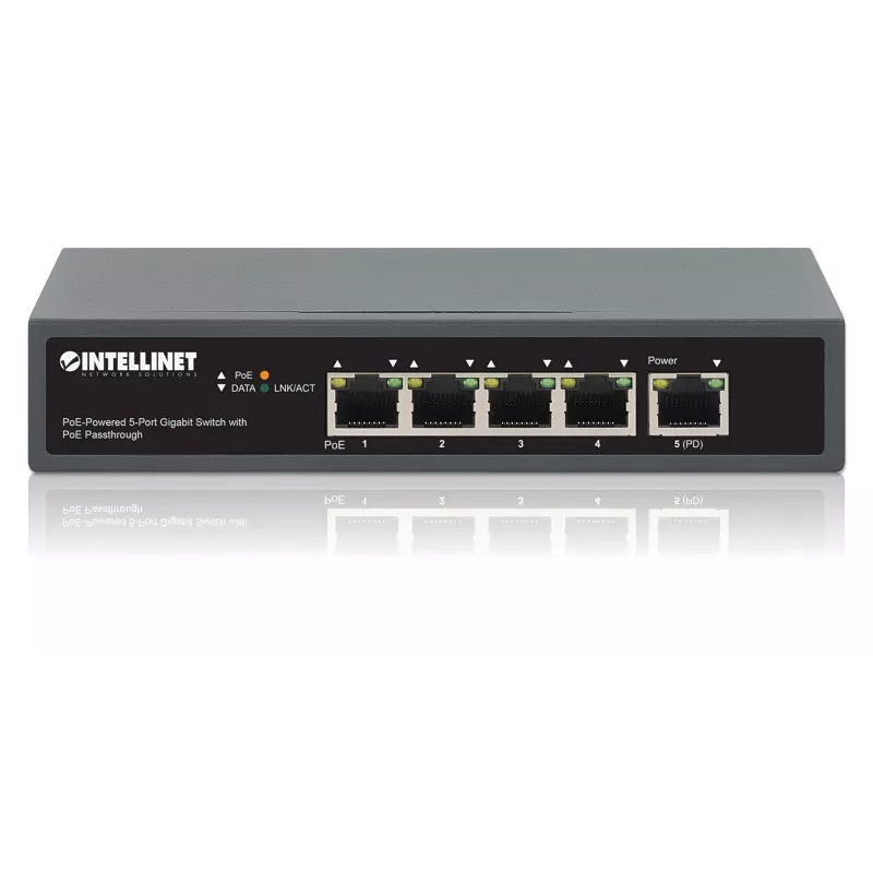 Intellinet Switch Gigabit de 5 portas com PoE Passthrough, uma porta PD PoE IEEE 802.3bt (PoE++ / 4PPoE) com consumo de 95 W, quatro portas PSE PoE, orçamento PoE até 65 W, saída compatível com IEEE 802.3at/af, desktop, opção de montagem na parede
