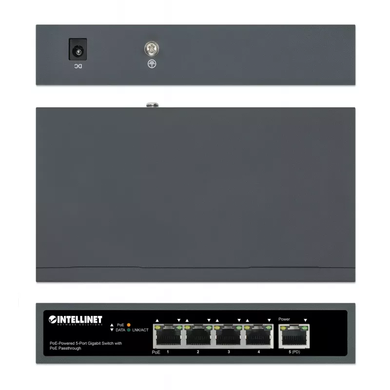 Intellinet Switch Gigabit de 5 portas com PoE Passthrough, uma porta PD PoE IEEE 802.3bt (PoE++ / 4PPoE) com consumo de 95 W, quatro portas PSE PoE, orçamento PoE até 65 W, saída compatível com IEEE 802.3at/af, desktop, opção de montagem na parede