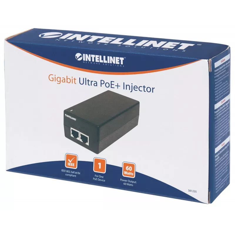 Intellinet Injetor Gigabit Ultra PoE+, 1 porta de 60 W, compatível com IEEE 802.3bt e IEEE 802.3at/af, caixa de plástico