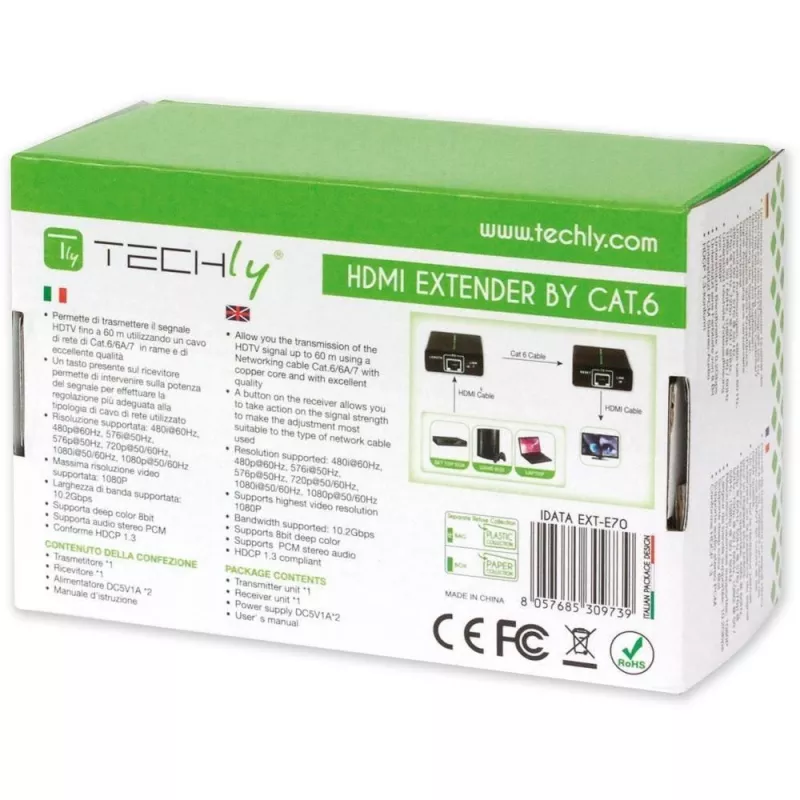Transmissor e recetor AV TECHLY IDATA EXT-E70 — extensão HDMI através de cabo Cat6/6a/7, Full HD 1920x1080, 60 m, 10,2 Gbit/s, HDCP, preto