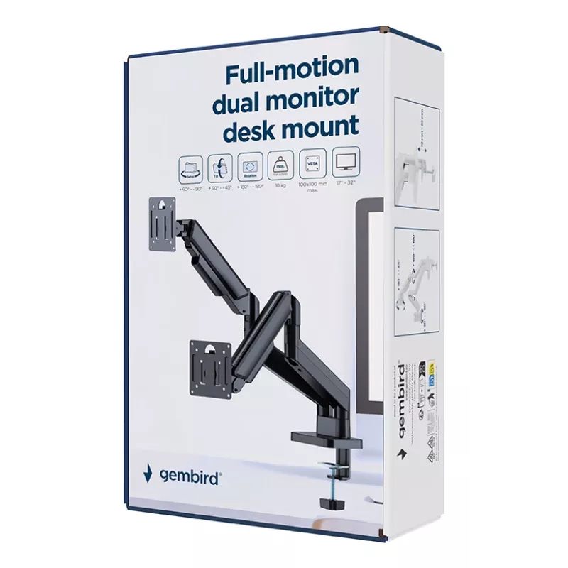 Braço duplo de monitor ajustável para montagem em secretária GEMBIRD 17-32 polegadas, preto