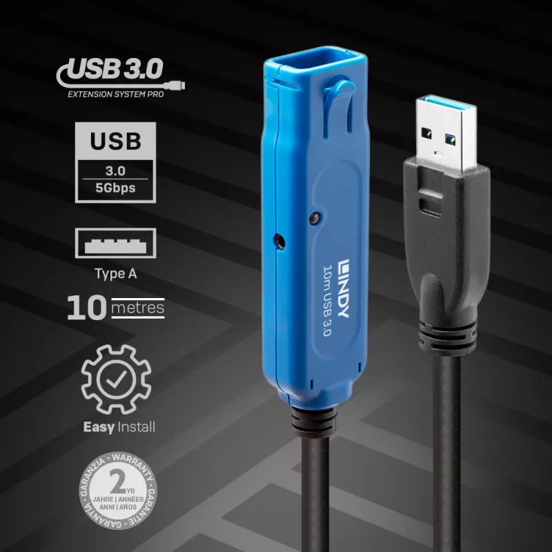 Extensão ativa USB 3.0 Lindy 8m Pro, 8 m, USB A, USB A, USB 3.2 Gen 1 (3.1 Gen 1), 5 Gbit/s, preto