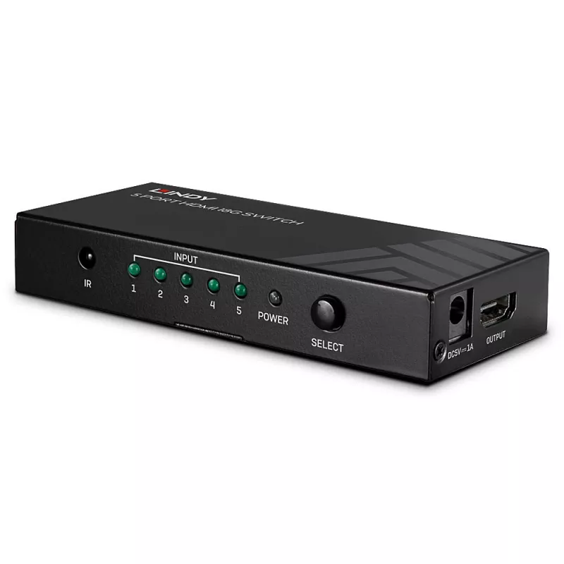 Lindy 38233 comutador HDMI 2.0 18G de 5 portas, 5x HDMI, de secretária