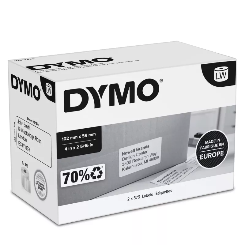 DYMO S0947420 LabelWriter etiquetas de envio grandes de alta capacidade, 59 x 102 mm, 2 rolos de 575 (1150 etiquetas), autoadesivas, brancas, para LabelWriter 4XL/5XL