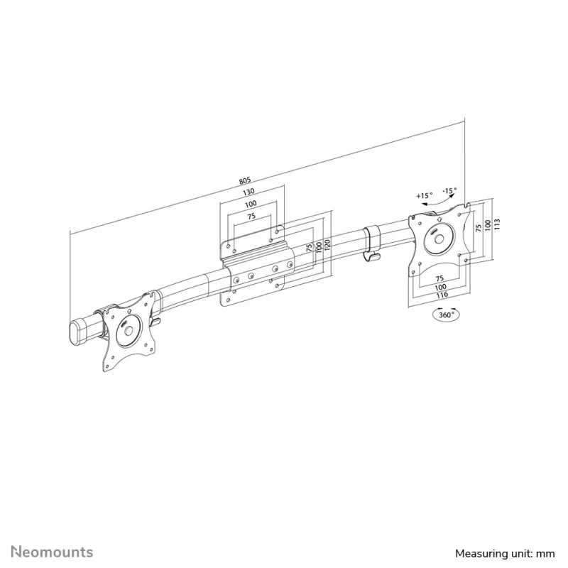 Adaptador de braço de monitor com barra transversal dupla Neomounts FPMA-CB100 preto 10-27 polegadas