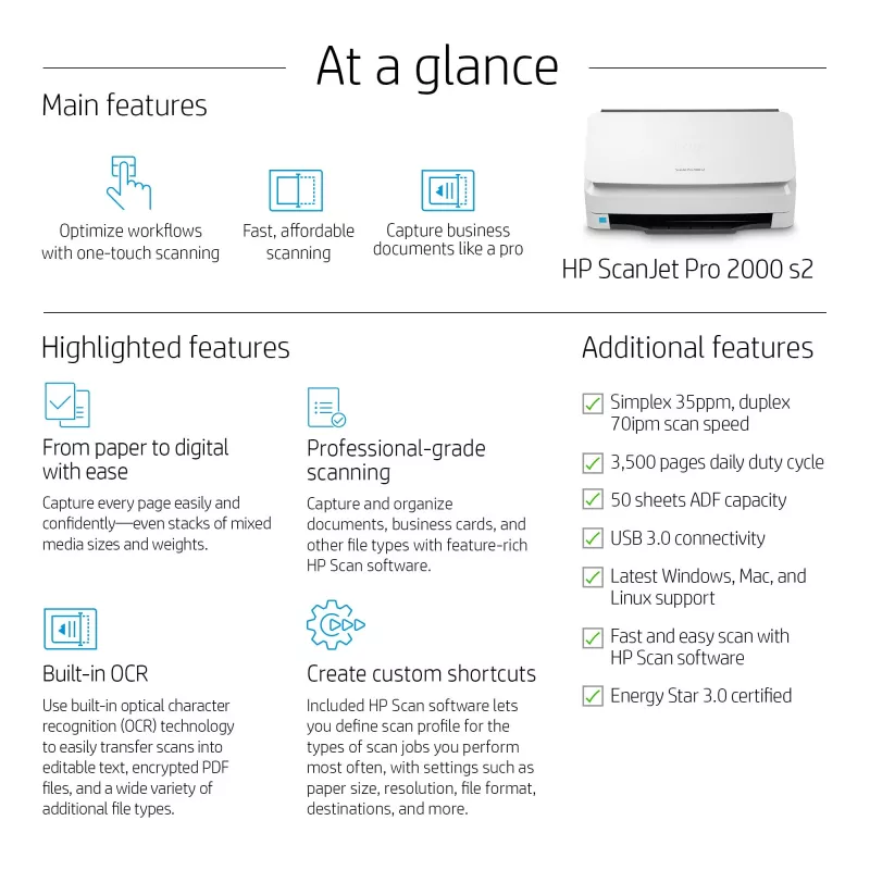 Digitalizador com alimentador HP Scanjet Pro 2000 s2