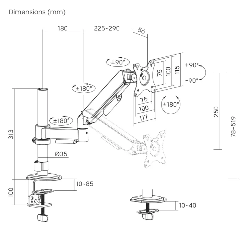 Braço de montagem ajustável para monitor de secretária GEMBIRD, 17-32 polegadas preto