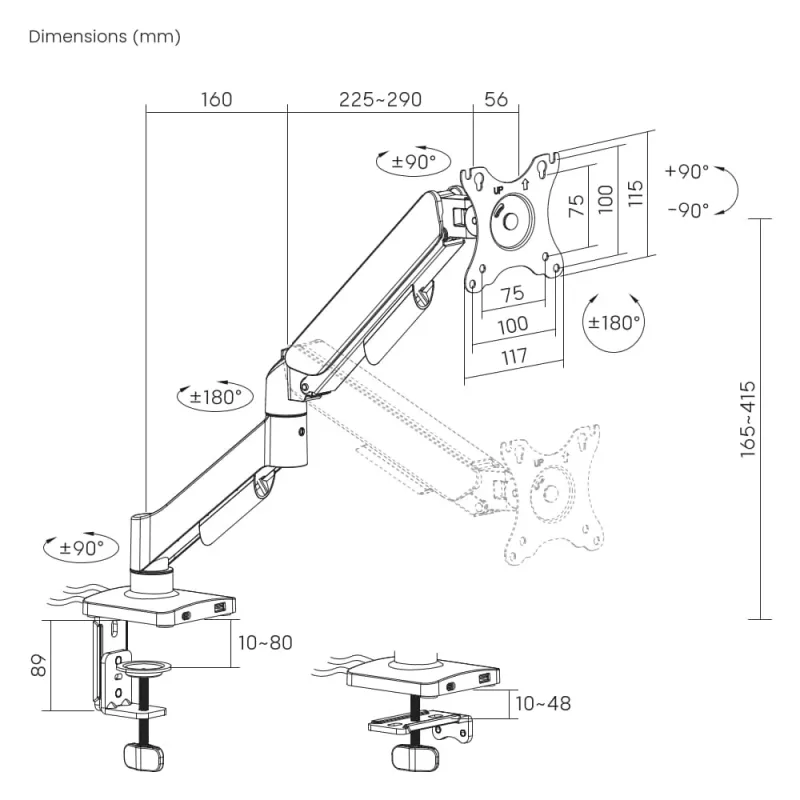 Gembird MA-DA1U-01 braço de secretária para monitor ajustável com portas USB, 17-32 polegadas (até 81,3 cm), máx. 9 kg, VESA 75x75/100x100, preto