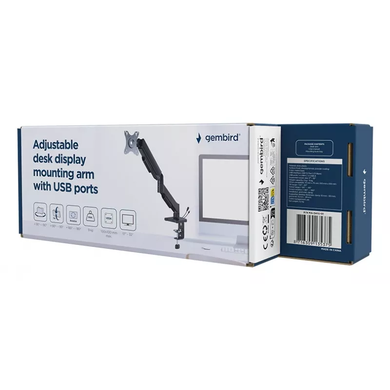 Gembird MA-DA1U-01 braço de secretária para monitor ajustável com portas USB, 17-32 polegadas (até 81,3 cm), máx. 9 kg, VESA 75x75/100x100, preto