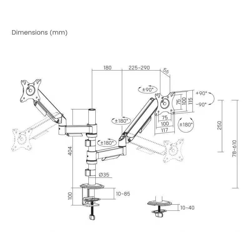 Suporte de secretária para monitor Gembird MA-DA2P-02 para 2 ecrãs, até 81,3 cm (32 polegadas), VESA 75x75–100x100, peso máx. 9 kg por ecrã, morsa/passagem pela secretária, preto
