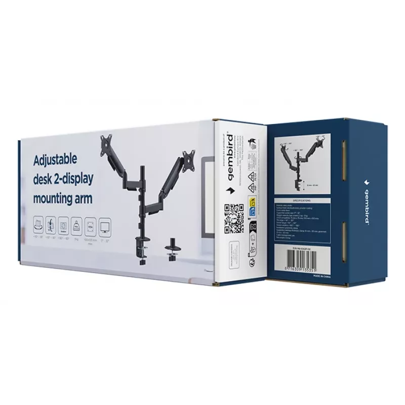 Suporte de secretária para monitor Gembird MA-DA2P-02 para 2 ecrãs, até 81,3 cm (32 polegadas), VESA 75x75–100x100, peso máx. 9 kg por ecrã, morsa/passagem pela secretária, preto