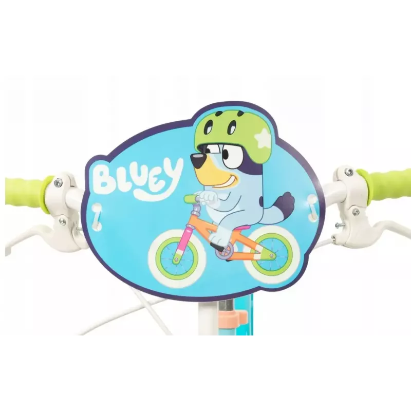 Bicicleta infantil Toimsa Bluey 12 polegadas — roda de 12 polegadas, azul e lima, travão dianteiro e traseiro, rodas de apoio