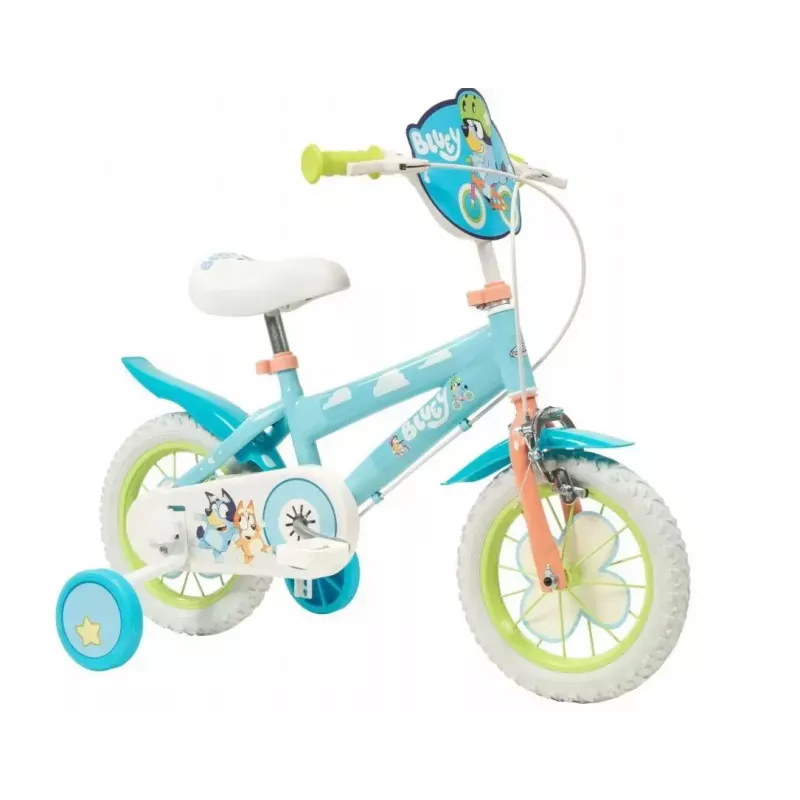 Bicicleta infantil Toimsa Bluey 12 polegadas — roda de 12 polegadas, azul e lima, travão dianteiro e traseiro, rodas de apoio