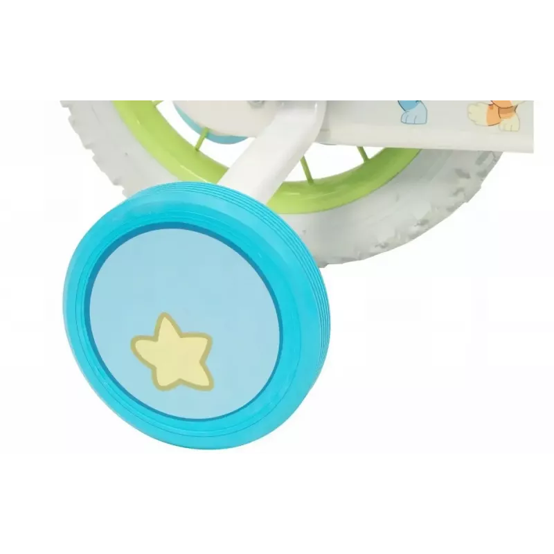 Bicicleta infantil Toimsa Bluey 12 polegadas — roda de 12 polegadas, azul e lima, travão dianteiro e traseiro, rodas de apoio