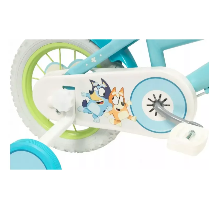 Bicicleta infantil Toimsa Bluey 12 polegadas — roda de 12 polegadas, azul e lima, travão dianteiro e traseiro, rodas de apoio