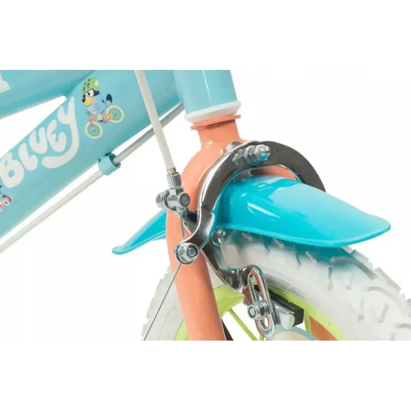 Bicicleta infantil Toimsa Bluey 12 polegadas — roda de 12 polegadas, azul e lima, travão dianteiro e traseiro, rodas de apoio
