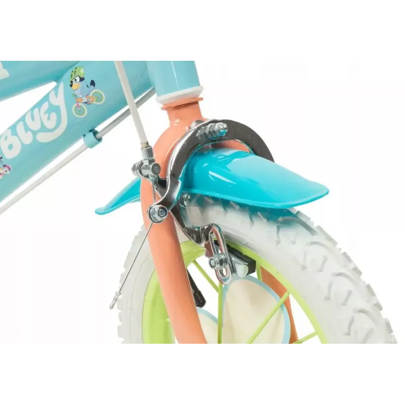 Bicicleta infantil Toimsa Bluey 12 polegadas — roda de 12 polegadas, azul e lima, travão dianteiro e traseiro, rodas de apoio